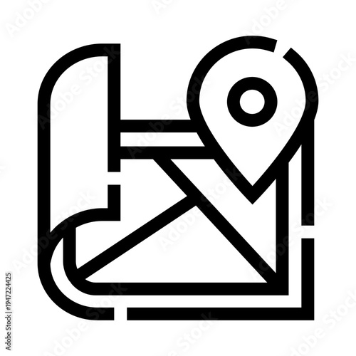 Outline map icon with a location pin marker indicates a destination, travel point, or geographic position, representing navigation, exploration, and finding places