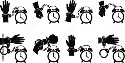 Collection of black and white silhouettes showing hands handcuffed to alarm clocks, symbolizing time constraints and deadlines.