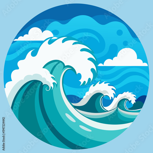 Stylized ocean wave illustration within a circular blue gradient background