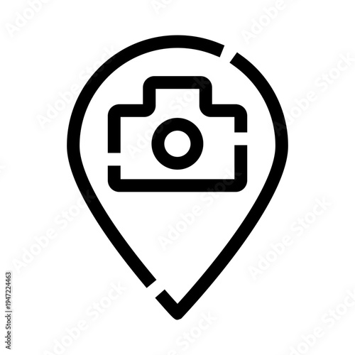 Camera icon placed on a map location pin, symbolizing geo tagging, travel photography, finding photo spots, and sharing visual destinations on digital maps or applications