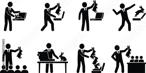 Set of 8 Business Magic Trick Icons Vector: Man Pulling Rabbit from Laptop and Briefcase Metaphor