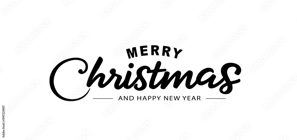 Obraz premium Minimalist Merry Christmas and Happy New Year typography logo with elegant black script lettering