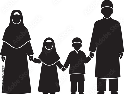 A muslim family holding hands in black silhouette