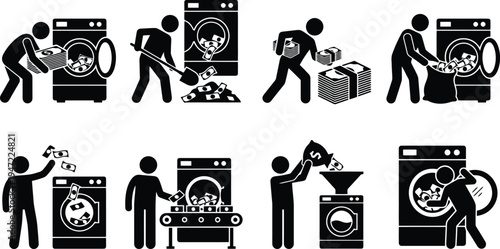 A series of stick figures illustrating different methods of putting money into a washing machine, symbolizing the concept of money laundering and illegal financial activities.