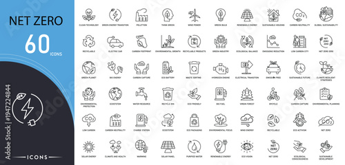 Net zero related icon collections. Containing sustainability, carbon footprint, energy saving, recycling, green energy, environment, climate action, renewable, and eco-friendly icons. Editable stroke.