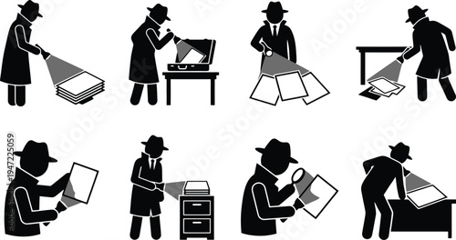 Stick figures illustrating various detective and investigation activities, including searching for clues with flashlights and magnifying glasses.