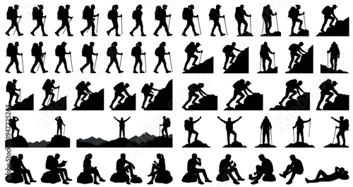 Hikers and Outdoor Walkers Silhouette Set Pack. Editable Vector Illustration. featuring hiking, trekking, climbing, mountaineering, adventure, explorer, outdoors, travel, journey, nature more.