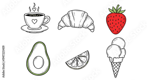 A set of colorful food icons including coffee, croissant, and ice cream on transparent background