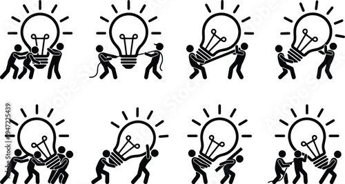 Set of 8 black and white vector icons depicting teamwork and collaboration to move a lightbulb, representing ideas and innovation.