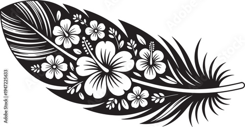 Floral feather illustration with hibiscus flowers and tropical leaves for boho style artistic design