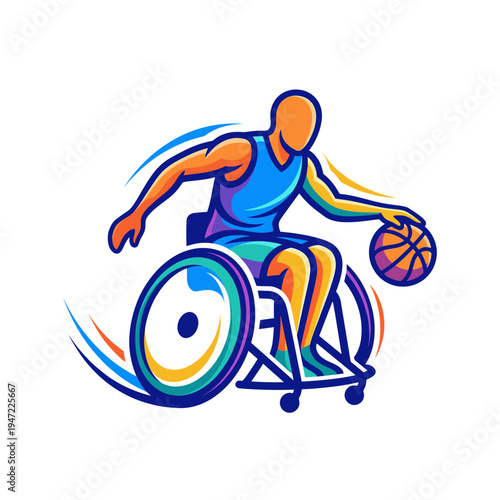 Wheelchair basketball player dribbling ball dynamic illustration for adaptive sports