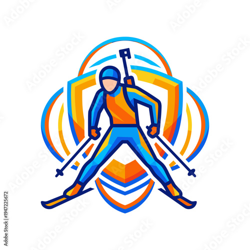 Modern Biathlon Athlete Icon Dynamic Skier and Shooter in Vibrant Colors, Illustrating Precision and Speed for Winter Sport Events