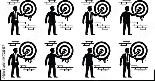 Businessman spray painting a target symbol on a wall, representing goal achievement or hitting the mark in a repetitive iconic style.