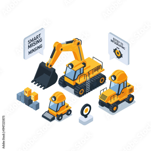 Isometric illustration of construction vehicles and equipment, including excavators and loaders, with informational speech bubbles.
