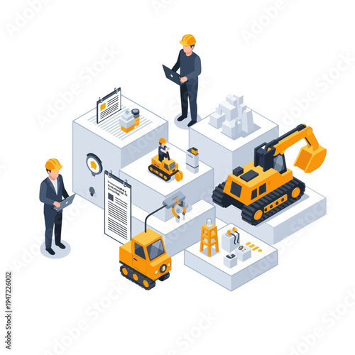 Isometric illustration of construction site with engineers overseeing heavy machinery, miniature vehicles, and building materials, emphasizing project management and planning.