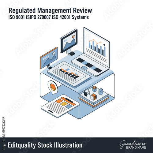 Isometric illustration of a regulated management review system with computers, charts, and documents, representing ISO 9001, ISIPO 270007, and ISO 42001 systems.