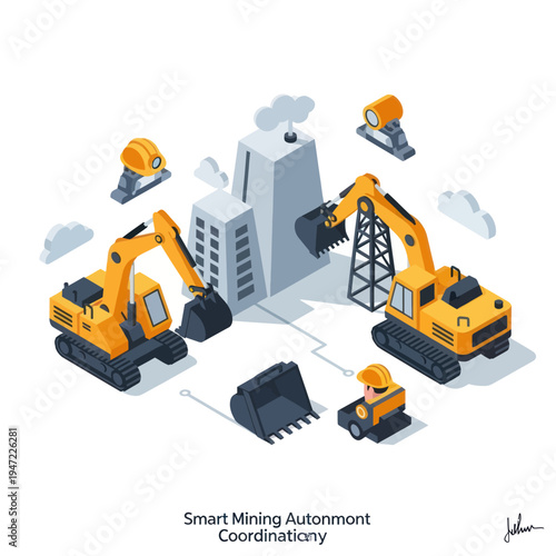 Isometric illustration of smart mining automation and coordination, featuring excavators, a factory, and a remote-controlled vehicle.
