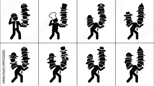 Eight stick figures struggling to balance tall stacks of different hats, representing the burden of multiple roles and responsibilities.