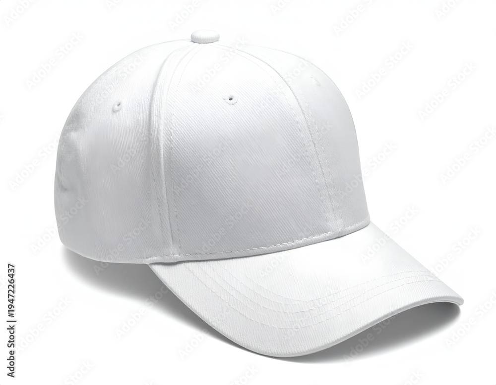 Fototapeta premium Clean white baseball cap on a white background, showcasing fabric texture