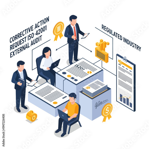 Business professionals collaborating on ISO 42001 external audit and corrective action requests in a regulated industry setting.