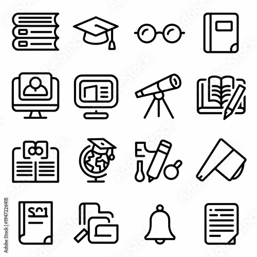 Education Line Icon Set – Learning, School Tools, and Academic Outline Vector Icons Collection