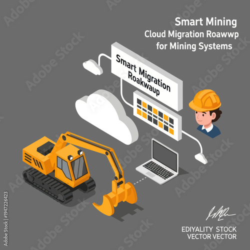 Isometric illustration of smart mining technology integrating cloud migration and data systems for efficient mining operations.