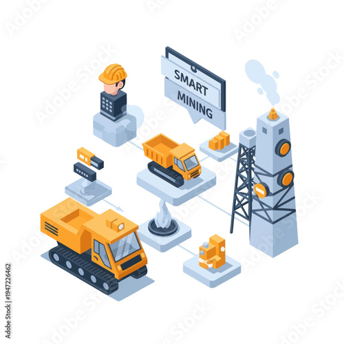 Isometric illustration depicting smart mining technology with autonomous vehicles, digital interfaces, and industrial infrastructure.