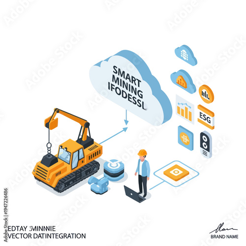 Isometric illustration of a smart mining operation integrating heavy machinery, sensors, cloud technology, and data analysis for efficient resource extraction and management.