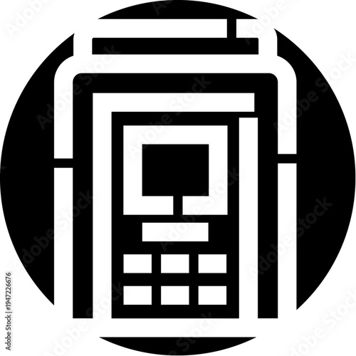 Mobile phone device with screen and keypad, stylized as a black and white line icon within a circle, representing communication, technology, and connection concepts