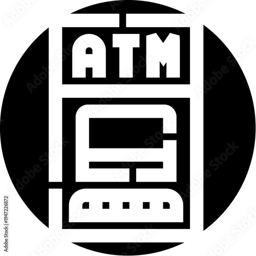 Monochrome atm icon representing banking services, cash withdrawal, deposits and digital transactions for finance apps, websites and user interfaces, modern electronic money access