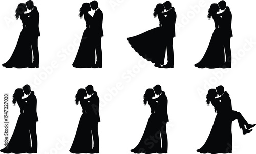 Romantic couple kissing silhouettes set showing bride and groom embracing love wedding romance relationship moment isolated on white background valentine romance concept