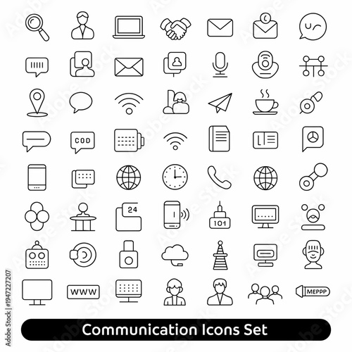 Communication Icons Set – Contact, Message, Phone, Email, Chat, Network, Meeting, Signal, Device, Web Line Icons Collection