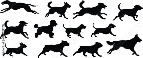 Running dog silhouettes set showing different dog breeds jumping walking and playing pets isolated on white background animal movement collection