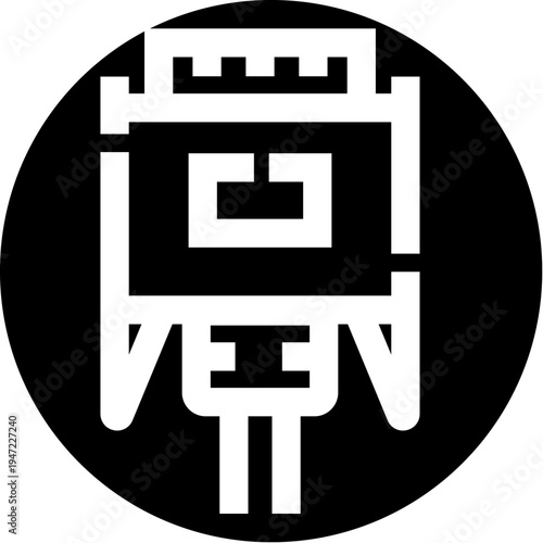 Abstract geometric castle icon displaying symmetrical white graphical elements inside a solid black circular frame, creating a striking emblem for various design concepts