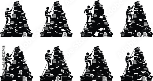 A person climbing a mountain of paperwork, symbolizing overwhelming tasks and bureaucracy.
