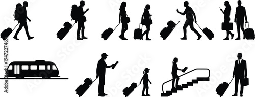Set of traveler silhouettes with rolling luggage backpackers and passengers walking commuting and using train transport travel tourism concept isolated vector illustration collection