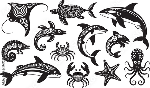Tribal sea animal silhouettes with ethnic patterns including turtle shark dolphin and octopus icons