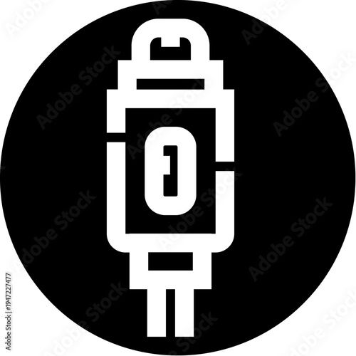 Usb type c connector plug icon inside a black circle representing modern data transfer, charging and universal device connectivity for smartphones, tablets, laptops and peripherals