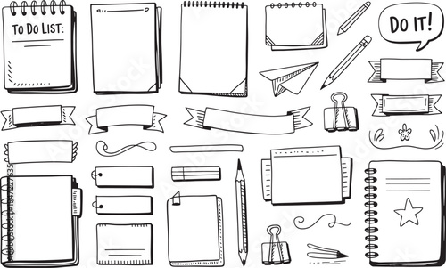 Doodle elements notebook paper sticky notes and office supplies vector art