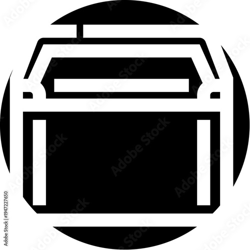 Minimalist icon presenting a graphic illustration of an aerial tramway cabin or gondola moving across a circular background, symbolizing travel, transportation, and mountain activities