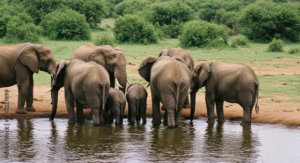 Fototapeta premium Elephant family gathering at a watering hole in the African savanna.