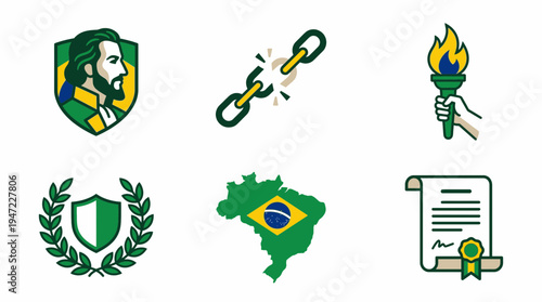 Tiradentes Day Brazil Independence Day Icons Set with Historical Symbols and Map isolated on white background, Vector