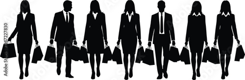 Silhouette illustration of business professionals walking with shopping bags, symbolizing consumerism, retail activity, work‑life balance, economic behavior, and modern lifestyle.
