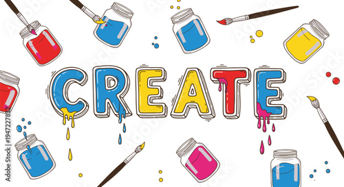 Vector illustration of paint jars and brushes with 'CREATE' text