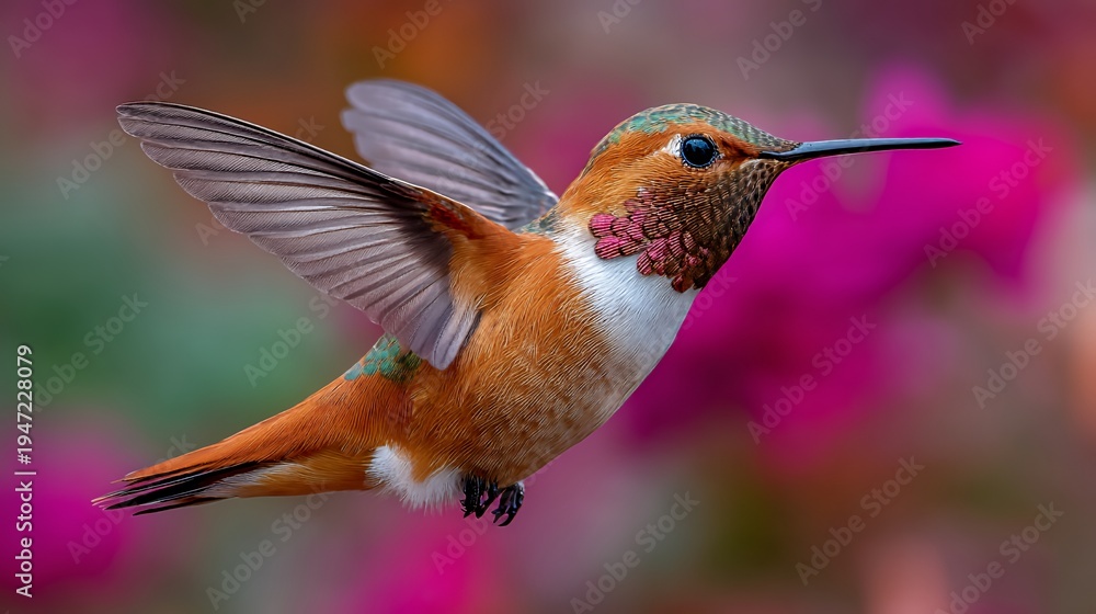 Fototapeta premium Ruby-Throated Hummingbird in Flight: Vibrant Feathers and Floral Backdrop
