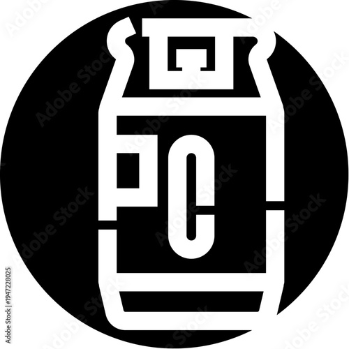 Beverage can icon with lowercase p and c on a dark circular background, minimalist flat vector symbol for soda, pop, drink and refreshment packaging or webui design, isolated and simple