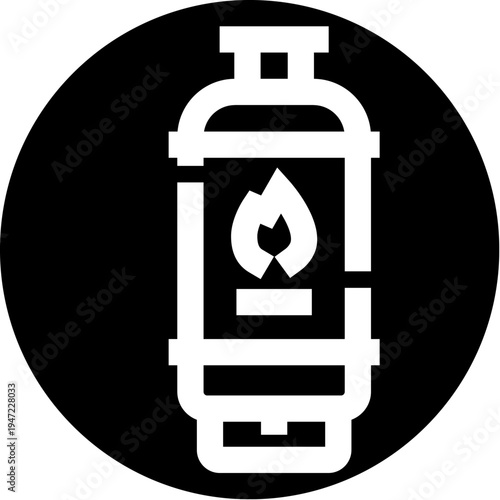 Gas tank cylinder icon with a burning flame representing concepts of energy, fuel, power, and industrial heating, often used for camping or home appliance supply