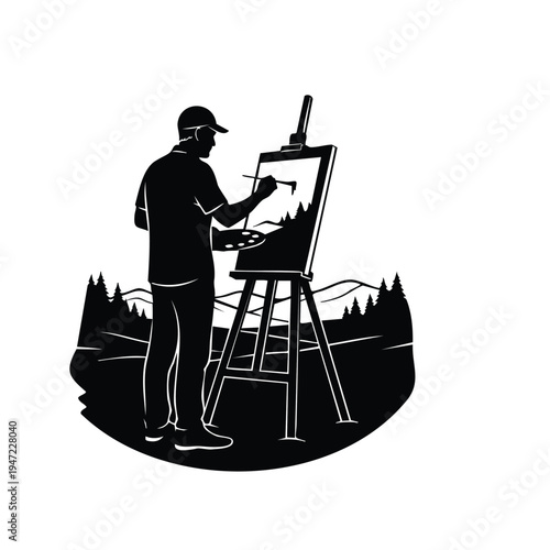 Artist painting landscape on easel outdoors silhouette illustration