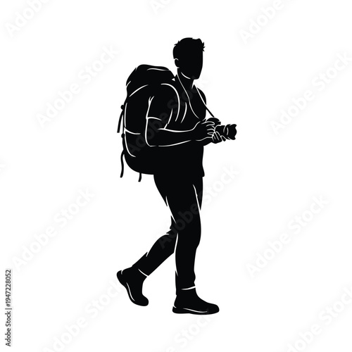 Adventurous traveler hiker with backpack and camera silhouette design