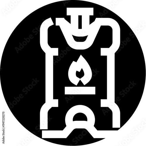Camping stove icon illustrating outdoor adventure, travel, and cooking with a lit burner flame, symbolizing energy, warmth, and portable utility for campers